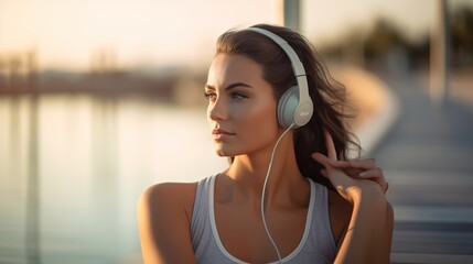 Athletic young Woman wearing Headphones Running Outdoors near lake Portrait of Beautiful woman wearing headphones and listening to music after jogging created with ai