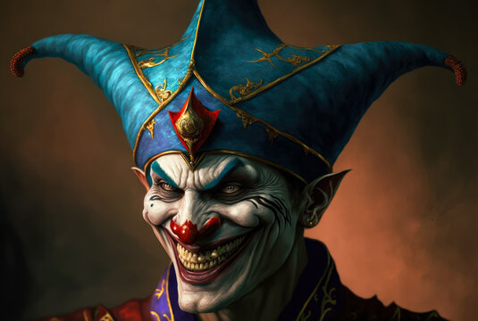 Portrait of a jester grinning. Created with Generative AI. Not a real person.
