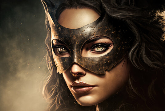 Portrait of an attractive woman wearing a carnival mask on eyes with cat ears. Created with Generative AI. Not a real person.