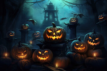 halloween background with pumpkin and bats created with generative ai