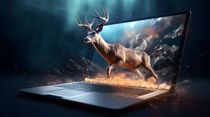 Gaming laptop 3d jumping deer virtual reality screen display ai generated