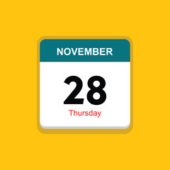 thursday 28 november icon with yellow background, calender icon