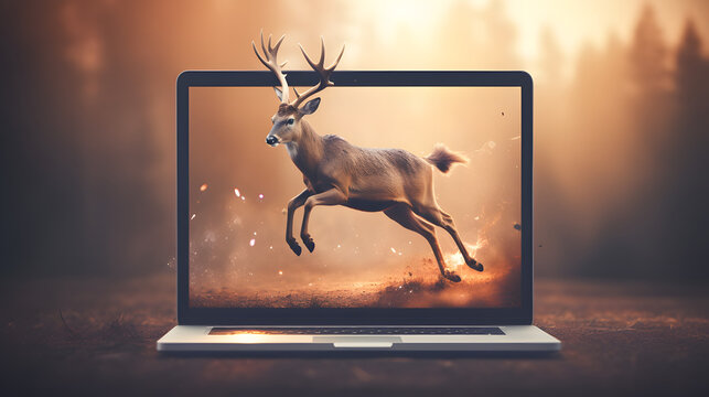 Gaming laptop 3d jumping deer virtual reality screen display ai generated