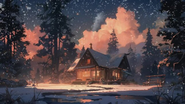 A cozy log cabin nestled in a snowy forest
