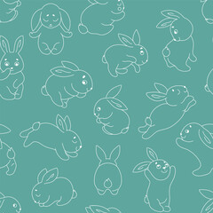 Seamless pattern with funny bunnies. Outlines of cute animals on a green background. Vector.