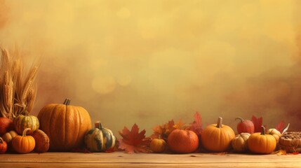 Naklejka na ściany i meble Autumn season concept, leaves or harvested crop. Pumpkin, autumn leaves, and on an orange background.