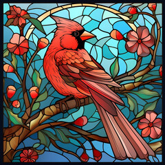 Vibrant Stained Glass Illustration of a Northern Red Cardinal Bird in a Mosaic Window, Surrounded by Flowers, Generative Ai