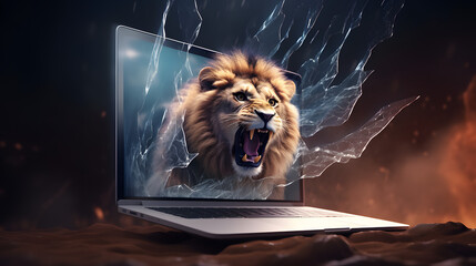 Gaming laptop 3d lion big cat virtual reality screen display ai generated