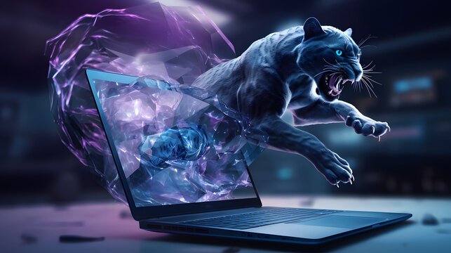 Gaming laptop 3d jumping panther big cat virtual reality screen display ai generated