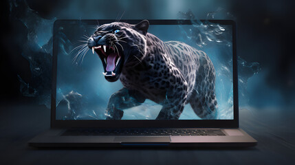 Gaming laptop 3d panther big cat virtual reality screen display ai generated