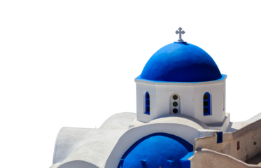Church in a Greek island isolated on transparent background, PNG. White walls and blue dome