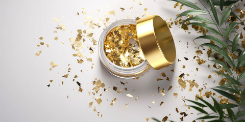 Luxury Christmas cosmetic mockup. Composition with cream jar, container, golden confetti, decoration, with fir branches on white background.package template for winter sale. top view. Generative ai.