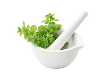 Fresh herbs in a mortar and pestle isolated on transparent background. PNG. Herbal alternative...