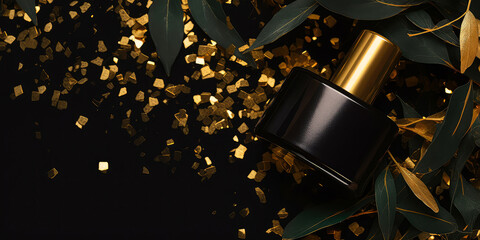 Luxury Christmas cosmetic mockup. Composition with cream jar, container, golden confetti, decoration, with fir branches. Holidays background.package template for winter sale. Generative ai.