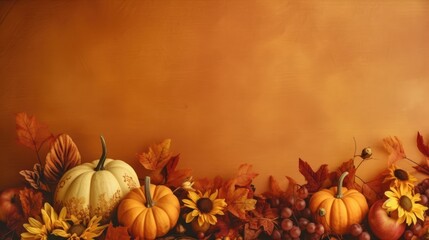 Autumn season concept, leaves or harvested crop. Pumpkin, autumn leaves, and on an orange background.