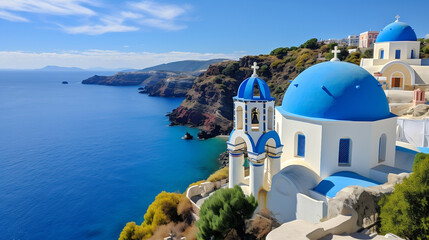 Majestic coastal church with stunning blue dome overlooking the ocean
