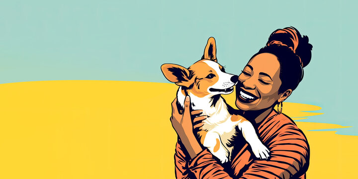 African american woman hug dog show care and attention to animal. Happy girl adopt puppy from shelter, have pet friend in family. Domestic pet lover. Banner size, copy space