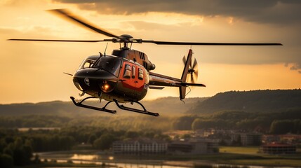 A Huge Helicoper Flying over a Natural Background. Drone Shot. Professional Photography.