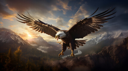 Obraz premium Flying american eagle nature cinematic scenery ai generated