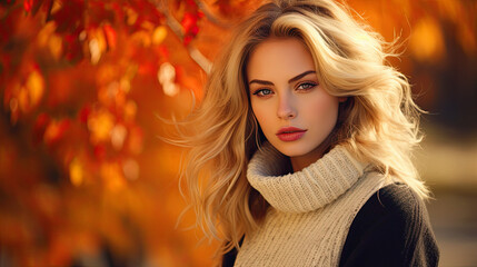 Beautiful blonde woman portrait. autumn park in background.