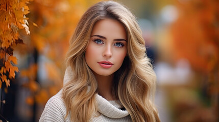 Naklejka premium Beautiful blonde woman portrait. autumn park in background.