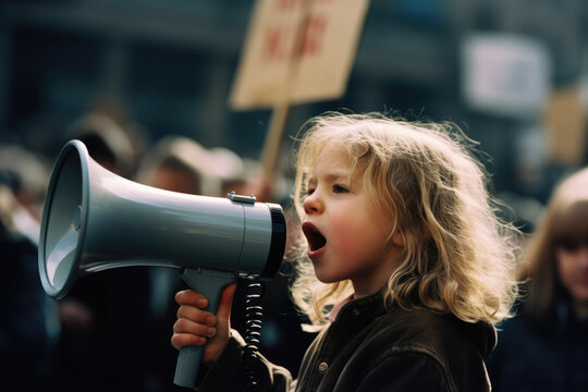 Child activist protesting with megaphone during a demonstration first person view cinematic lighting