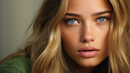 Fototapeta premium beautiful scandinavian model , green eyes , green light background