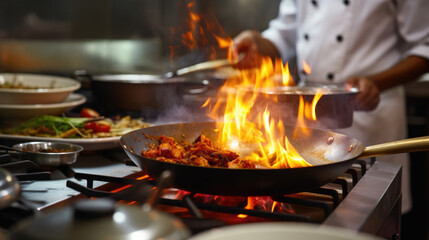 Chef in restaurant kitchen at stove with pan, doing flambe on food
