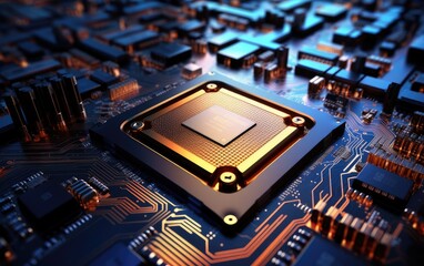 Shot of Generic Printed Circuit board with Microchips and other Components During Production Process. Electronics Manufacturing. Created with Generative AI technology.