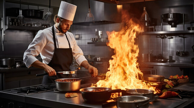 Chef in restaurant kitchen at stove with pan, doing flambe on food