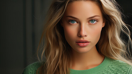 Naklejka premium beautiful scandinavian model , green eyes , green light background