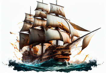 Photorealistic pirate schooner or sailing ship in 16th-17th century style on a white background. AI...