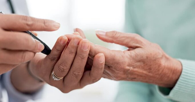 Hands, diabetes and a doctor with a patient and tools for a healthcare check with a finger prick. Closeup, service and a nurse with a person and machine for sugar or glucose exam from a blood sample
