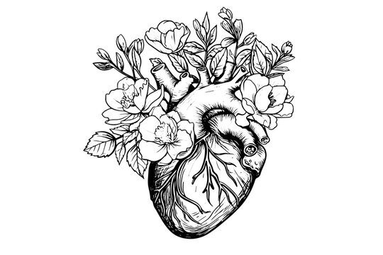 Valentine day card vintage illustration. Floral anatomical heart. Vector illustration