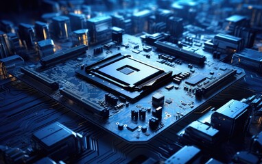 Shot of Generic Printed Circuit board with Microchips and other Components During Production Process. Electronics Manufacturing. Created with Generative AI technology.
