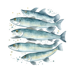 Sardines in Cartoon style. Cute Little Cartoon isolated on white background. Watercolor drawing, hand-drawn Sardines in watercolor. For children's books, for cards, Children's illustration.