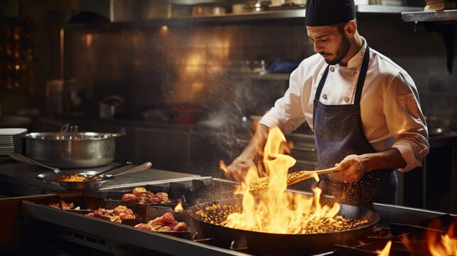 Chef in restaurant kitchen at stove with pan, doing flambe on food