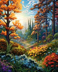 Shadows of diverse trees dancing across a bed of flourishing leaves the vibrant display adding a splash of color to an evergreen landscape. .