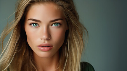 Fototapeta premium beautiful scandinavian model , green eyes , green light background