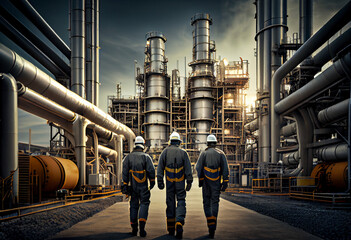 View of a group of workers in the petrochemical industry. Workers in helmets and overalls are among the oil and gas pipelines of the plant. AI generative. - obrazy, fototapety, plakaty
