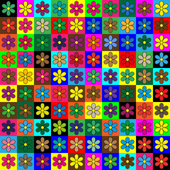 Vintage design of colored flowers on multicolored squares