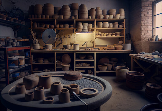 Pottery Workshop, Interior With Shelves Filled With Various Ceramics, Pots And Vases. AI Generative.