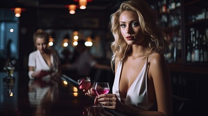 A Beautiful Girls at the Bar Drinking some Cocktails. Elegant & Sexy Dress.