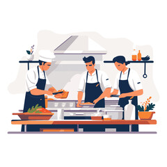 Flat 2D illustration of chefs working at a professional kitchen