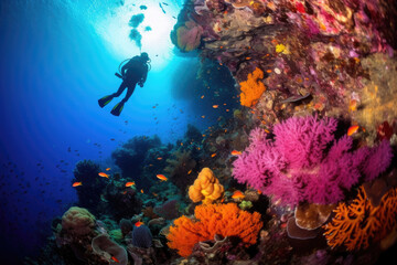 Naklejka na ściany i meble A diver swimming through the deep blue sea safe and surrounded by a healthy coral reef bursting with vibrant colors and life. .