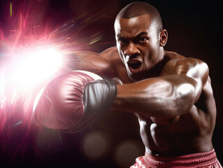 Fototapeta na wymiar Closeup of a boxer throwing a powerful upper lit by a flashing strobe light. .