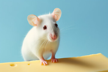 Pretty Small white fluffy mouse with a piece of yellow cheese with holes isolated on light pastel blue studio background with copy space for text.