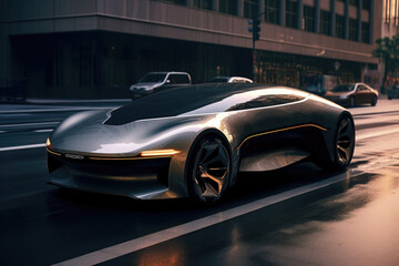 A sleek black and silver selfdriving car soaring along a city street a testament to a future of smart mobility. .