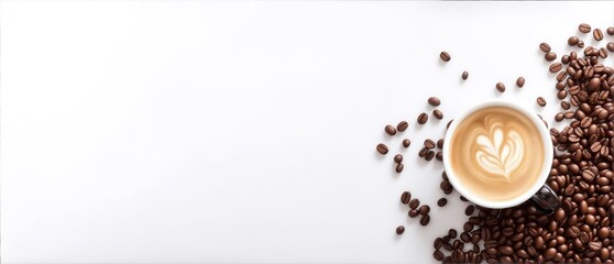 There is a white table with a hot espresso and coffee beans on it, with a soft focus and overlight in the background, Generated by AI