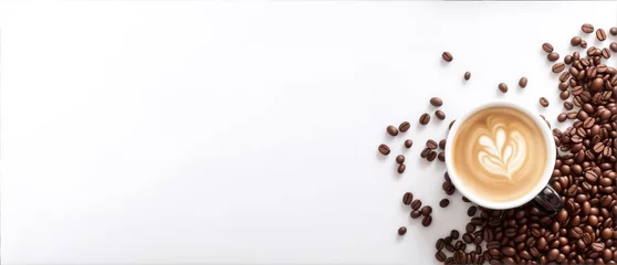 Foto op Plexiglas There is a white table with a hot espresso and coffee beans on it, with a soft focus and overlight in the background, Generated by AI © VA STUDIO